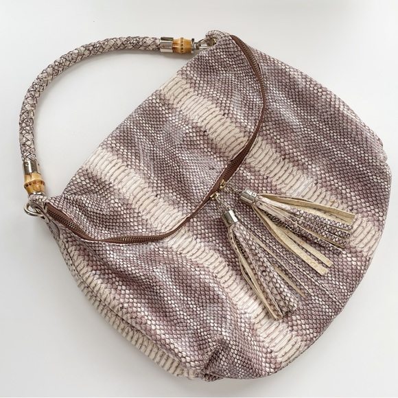 Elaine Turner Handbags - Elaine Turner Snake Embossed Leather Hobo Shoulder Bag Bamboo Tassels Neutral